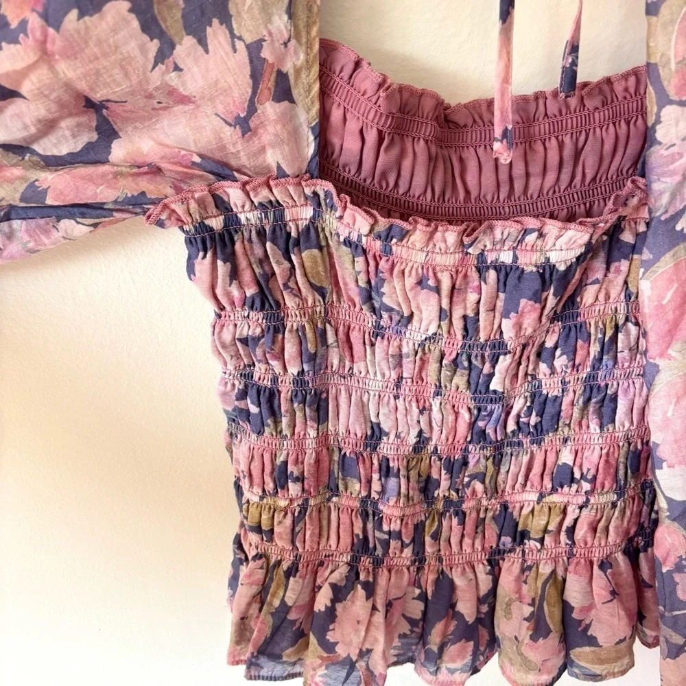 ASTR The Label Nicolette Square Neck Smocked Long Puff Sleeve Floral Pink Purple